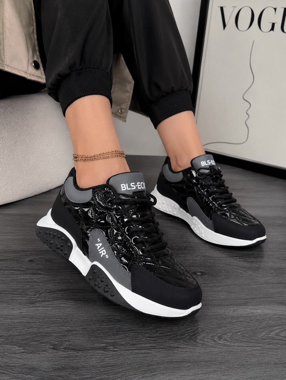 BLS-ECKE Women’s Chunky Quilted Patent Sneakers Black Gray Platform Shoes Sz 40